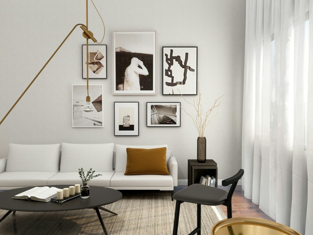 Stylish, well-lit living room with modern decor and artwork, showcasing the importance of high-quality photos to highlight a property's best features.