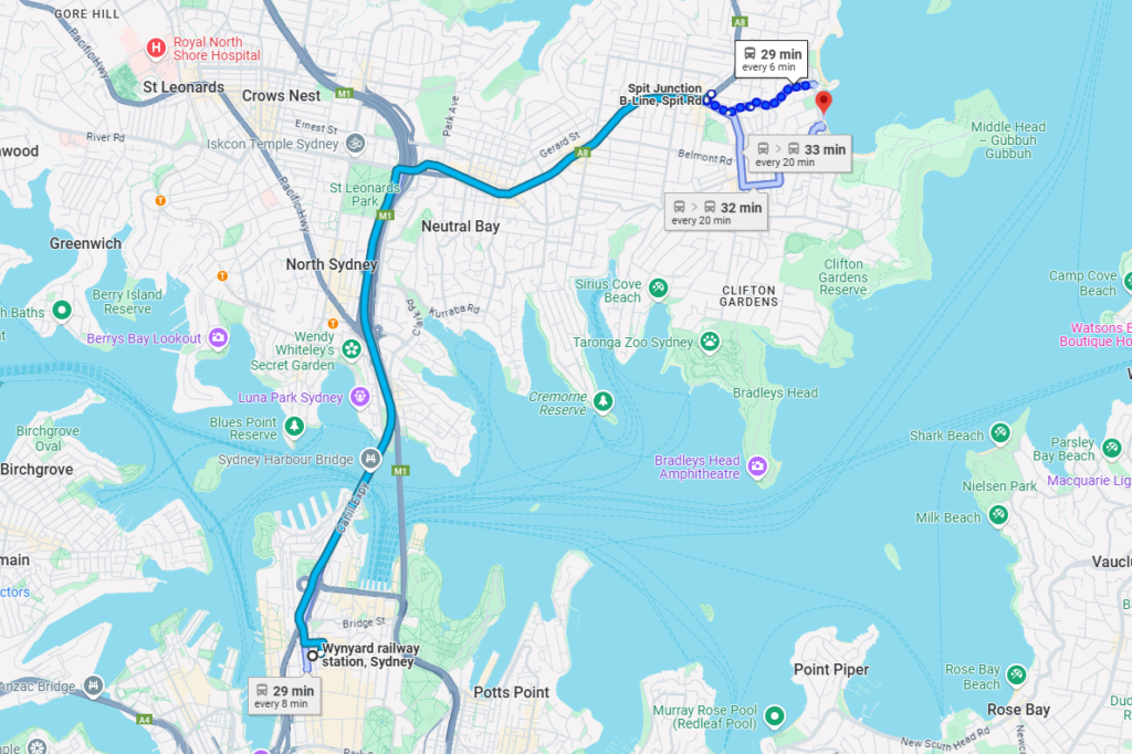 You can start your journey by taking a train to Wynyard Station. From there, catch bus Route 245, which will take you straight to Balmoral Beach.